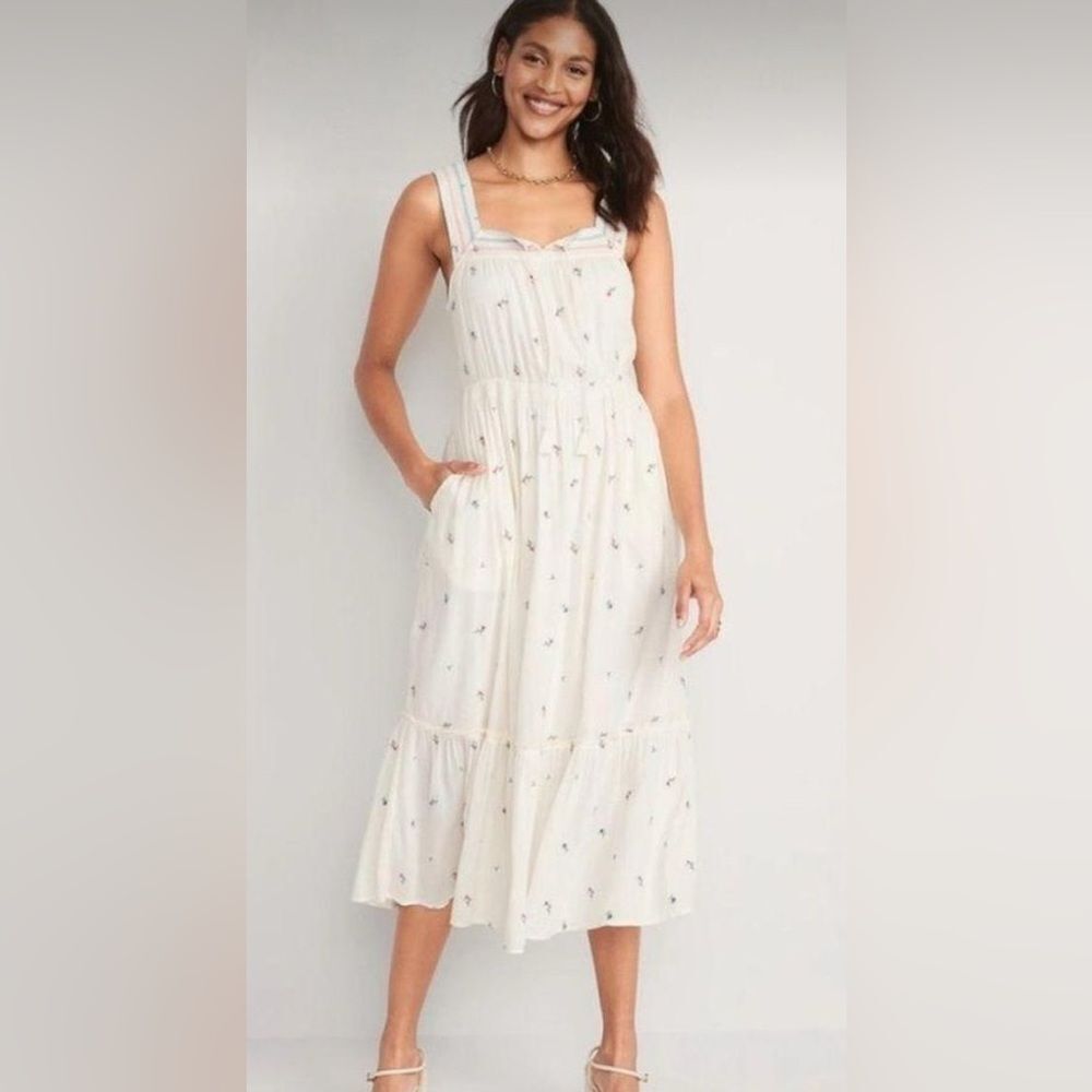 Old navy women’s xl cream tiered cottagecore floral‎ embroidered dress midi